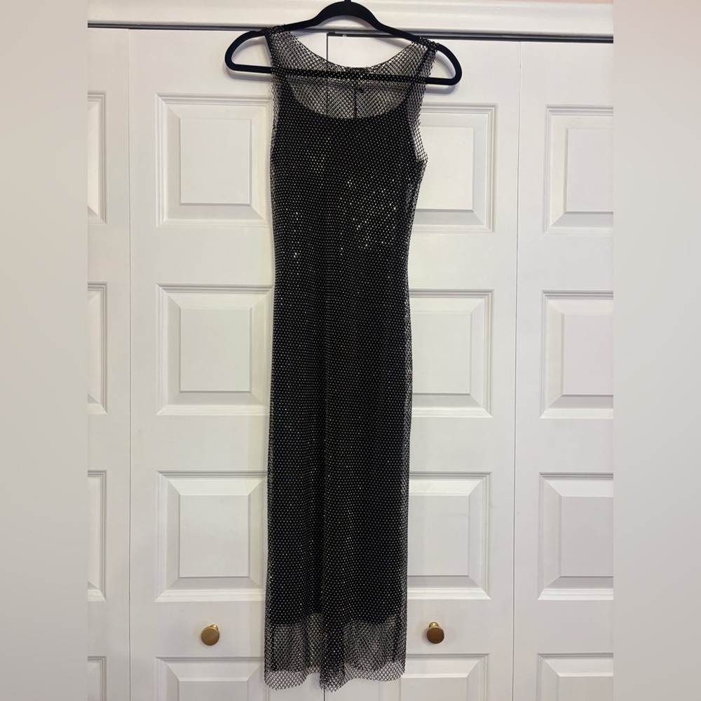 Black Mesh Dress with Iridescent Rhinestone Studs over Black Slip Dress